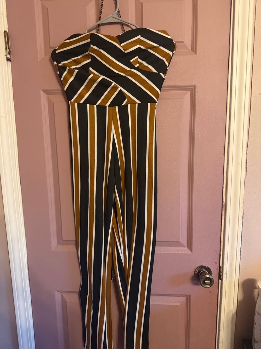 Derek Heart Strapless Vertical Stripe Jumpsuit in Black, Mustard & White